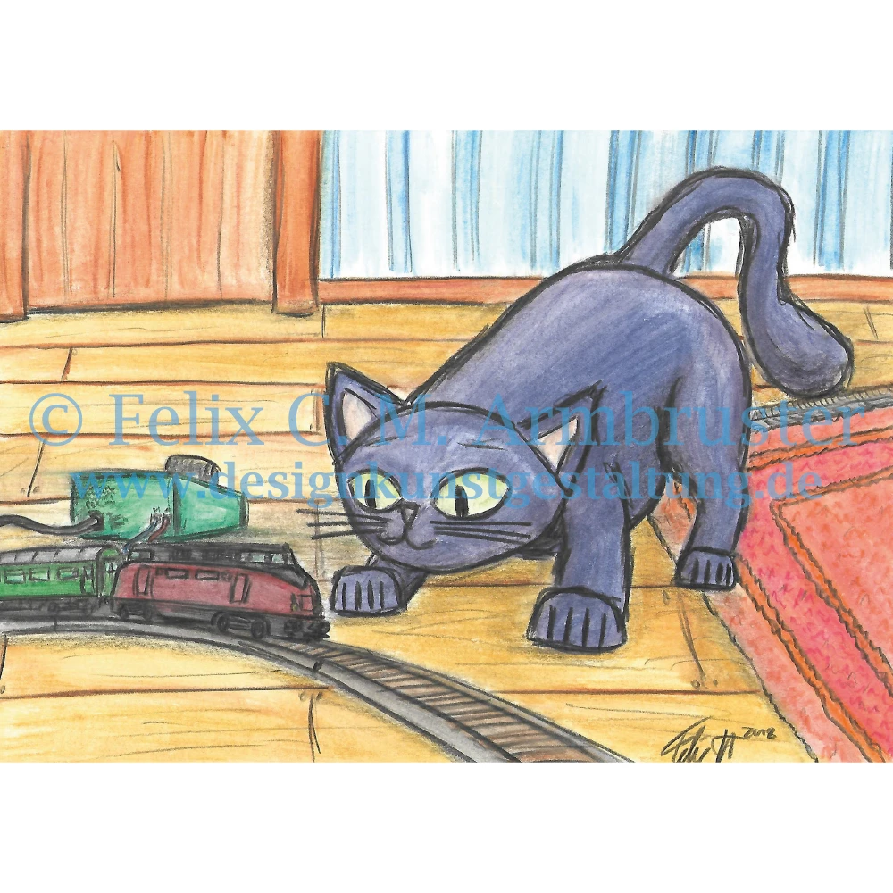 Buch-Illustration mit Aquarellfarbstiften - Katze spielt mit der Eisenbahn